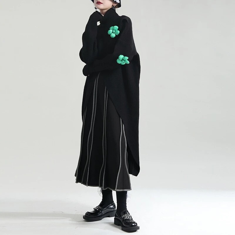 タートルネックニットカシミヤタッチ2024シンプルスリット ニットワンピース春秋ゆとり 大きいサイズ ロングタイプ着痩せ