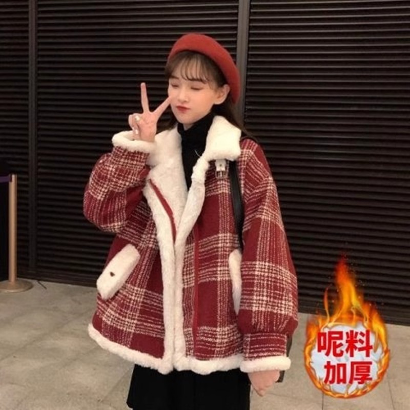 フリート厚手コート長袖レディース2024秋冬新作韓国風ぬいぐるみレトロチェック柄ウールジャケットトップス