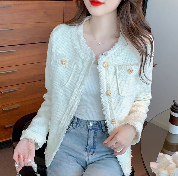 アウター モテアイテム エレガント 大人可愛い ジャケット 長袖 ラウンドネック 襟なし ボタン ポケット 前開き かわいい きれいめ 大人 上品 おしゃれ お洒落 レトロ 大人女子 こなれ感