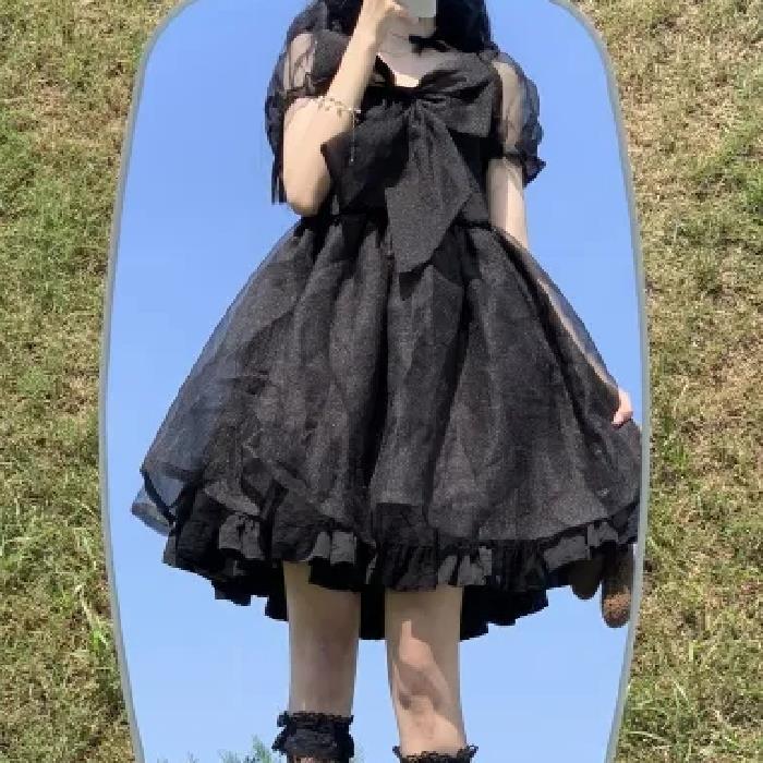 ロリータドレス 春夏 新作 可愛らしい 無地 メッシュ 了ワンピース 着痩せ ポンポンスカート
