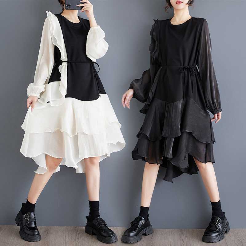 2025新作 高品质 ワンピース 長袖ワンピース イレギュラー ラッフル 色切り替え ドレス パーティードレス シャツワンピース レディース