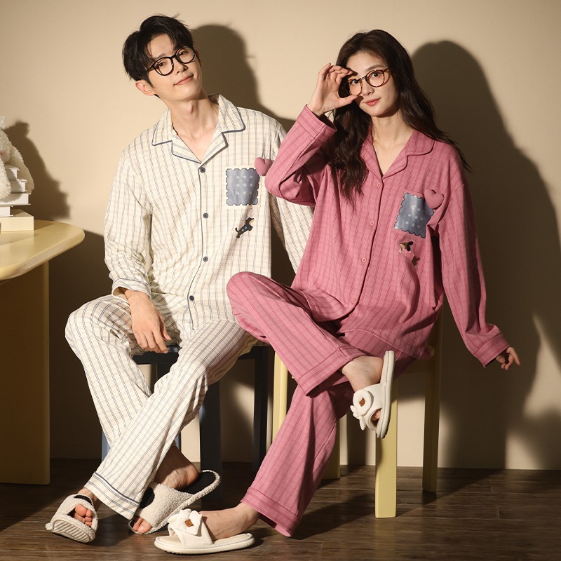 カップルパジャマレディース春秋ピュアコットン長袖かわいい漫画カーディガンセットメンズ韓国スタイルカジュアルアウトドアでも家でも着用可能