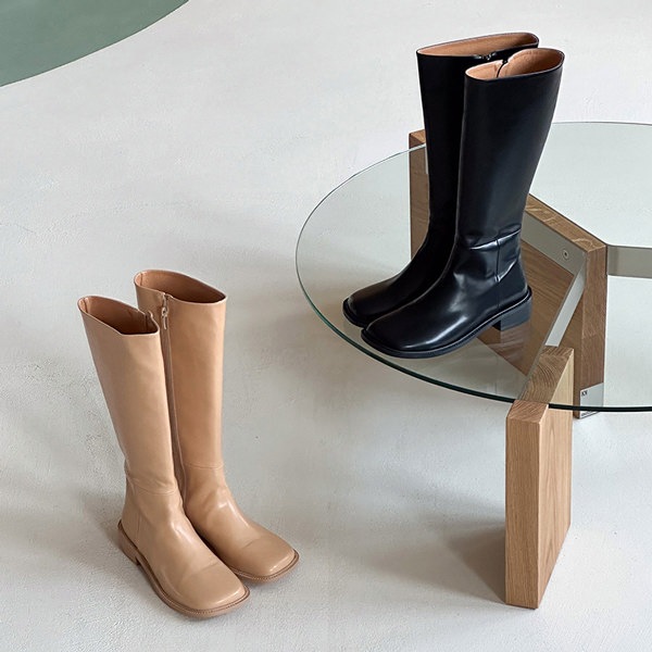 ロングブーツ オブリークトゥ サイドジップ フラット レディース ローヒール 黒 ブラック ベージュ 歩きやすい カジュアル シンプル 靴 婦人靴 韓国 8,840円