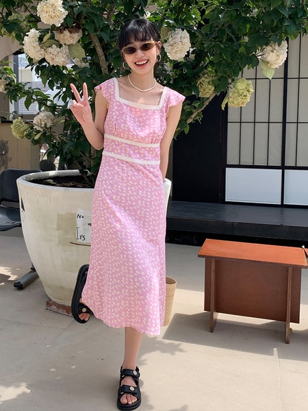 Dantajia サマースリムスクエアネックドレス