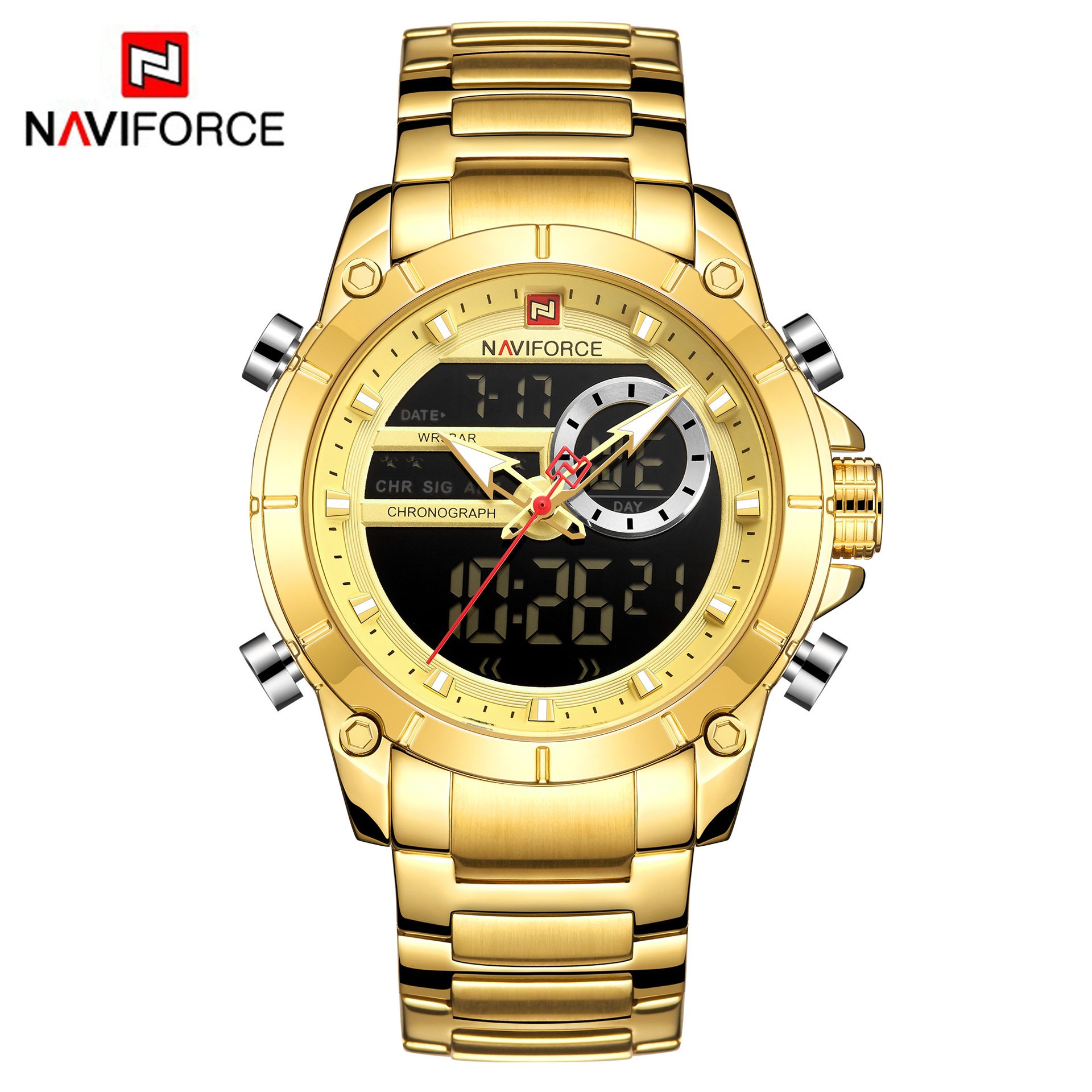 Naviforce/襟翔9163男性腕時計電子時計鋼帯時計防水石英時計運動男性時計
