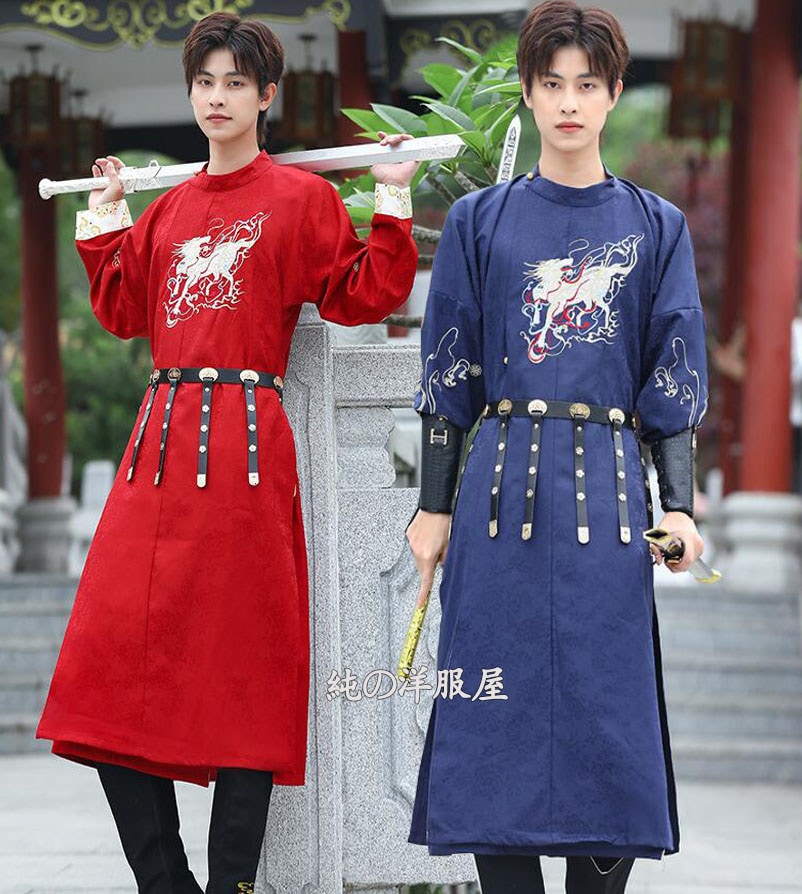 チャイナ服 ハロウィン 中華コスプレ衣裳 男女兼用 漢服 唐朝 古代服装 一式 着脱しやすい 大人 ユニセックス ミドル丈 漢服 中華服 エスニック 麒麟刺繍 ベルト付き おしゃれ チャイナ風 舞台衣