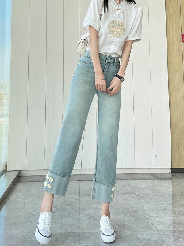 ボトムス レディース デニム パンツ チャイナ風 ボタン ストレート ワイドレッグ 夏 薄手 ハイウエスト クロップド丈 小柄 カジュアル 脚長効果 青