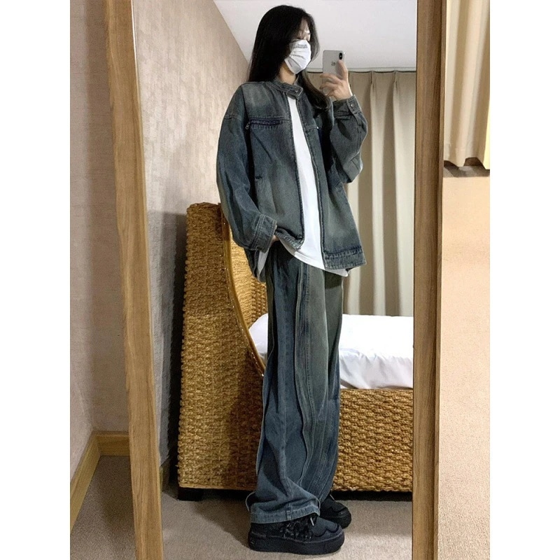 ハイエンドのカスタマイズ-秋のハイストリートドレープスプライシングワイドレッグパンツの女性のための大きいサイズのアメリカンレトロウォッシュルーズデニムジャケット2点セット