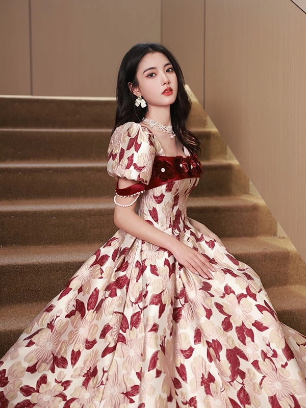 カラードレス ウェディングドレス ウエディングドレス 花柄 半袖 パーティードレス ロングドレス イブニングドレス 発表会 演奏会 結婚式 二次会 花嫁 前撮り カクテルドレス パフスリーブ フォーマ