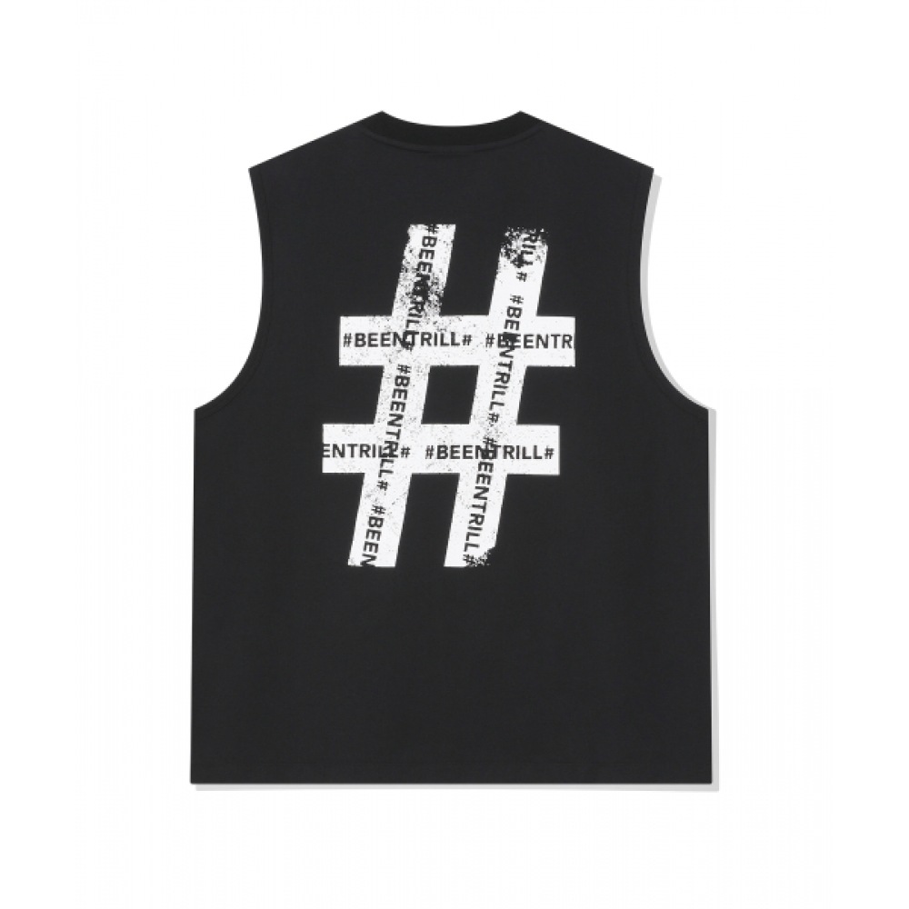 BEENTRILL ビンテージハッシュタグオーバーフィットメッシュノースリーブ (ブラック)