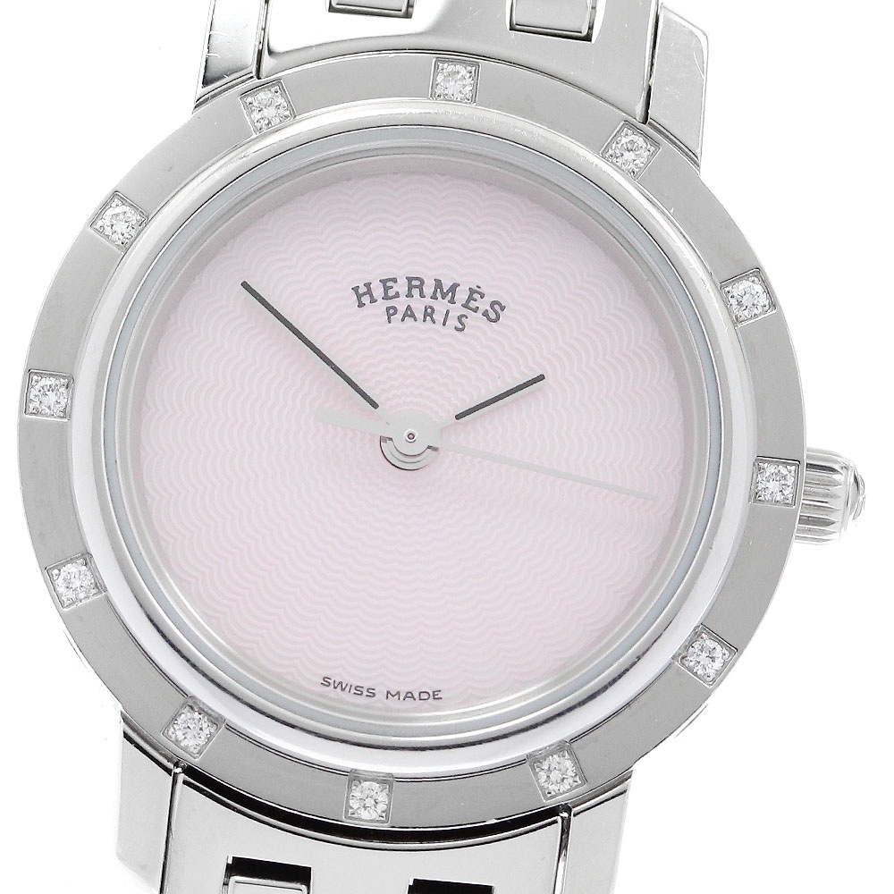 エルメス HERMES CL4.230 クリッパー ナクレ ベゼル 12Pダイヤ クォーツ レディース 箱付き_912040【中古】
