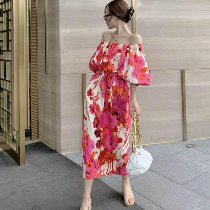 即納 ワンピース ドレス カジュアル パーティードレス レディース ピンク 花柄 オフショルダー チューブトップ ミドル丈 半袖 セクシー セレブ 上品 カッコイイ 清楚 フェミニン 華やか きれい