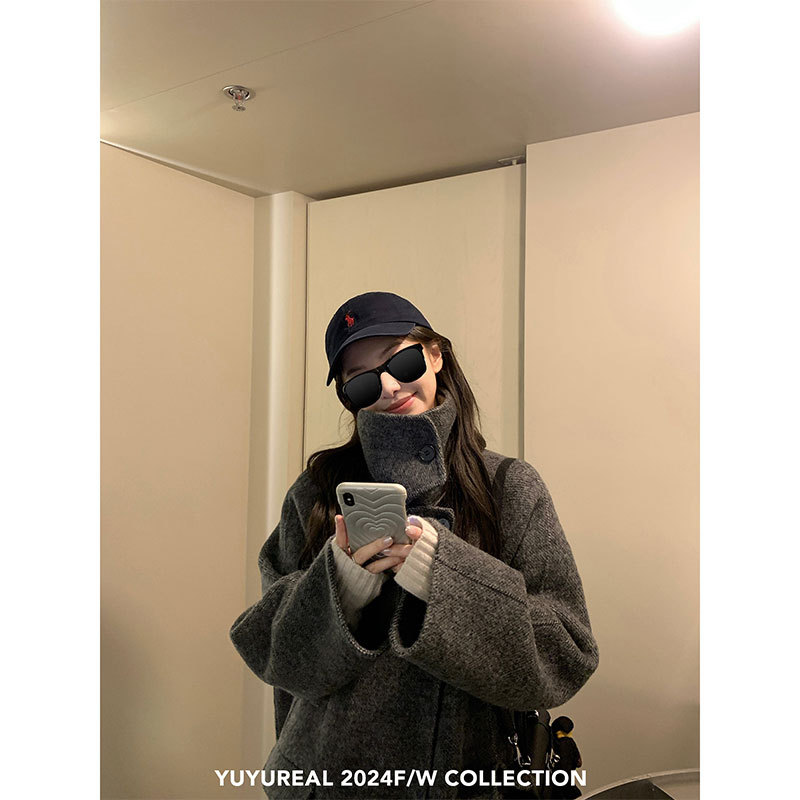 yuyureal デスティニー スタンドカラー ウールコート レディース 新作 ブレスト ダークグレー ウールコート