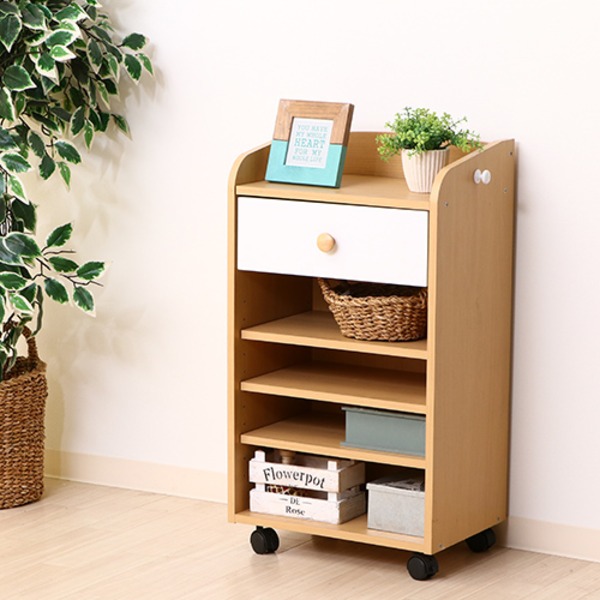 ブックシェルフ 本棚 約幅415mm ホワイト×ナチュラル 引き出し1杯 鞄用フック キャスター付 ミニリビングラック NORM リビング