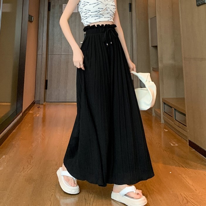 ワイドパンツ ボトムス パンツ ズボン 膝下 ロング ロング丈 フレア ワイド Aライン プリーツ リボン ウエストリボン ハイウエスト ウエストゴム 薄手 かわいい 大人可愛い シンプル 大人