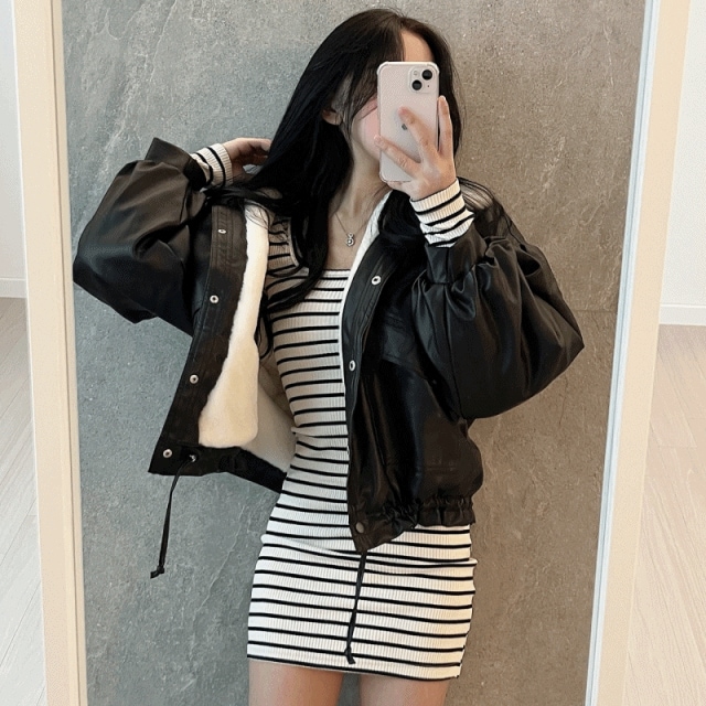 ミンク ファー レザー ムートン ジャケット - jk (2color) 5,161円