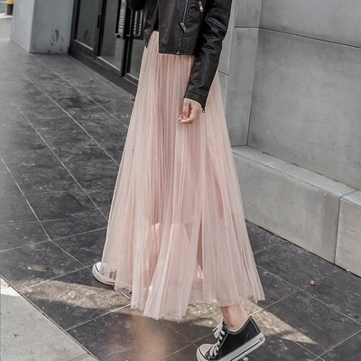 3089.カジュアル プリーツチュールロングスカート（ピンク）