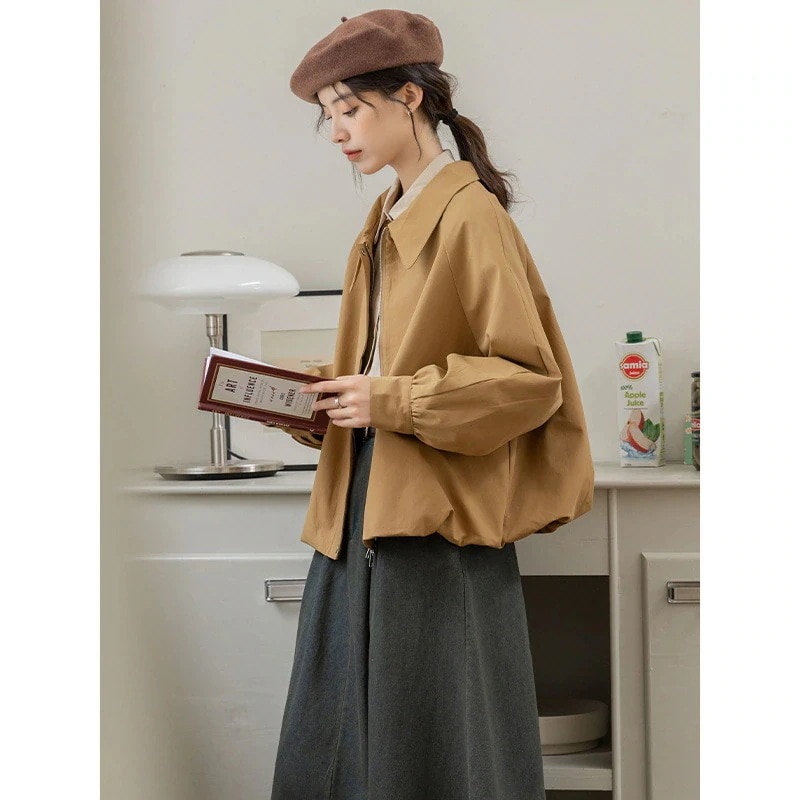 ランタンスリーブジャケットレディース秋服2024レトロカーキ気質カジュアルゆったり多用途小型ショートウインドブレーカー 母の日のプレゼント