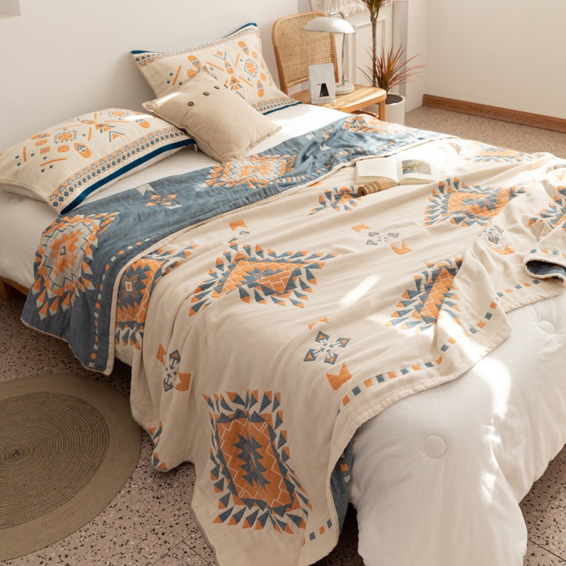ボヘミアン風綿四重ガーゼタオルキルト夏用薄手キルト純綿夏涼しいキルトブランケットソファブランケット