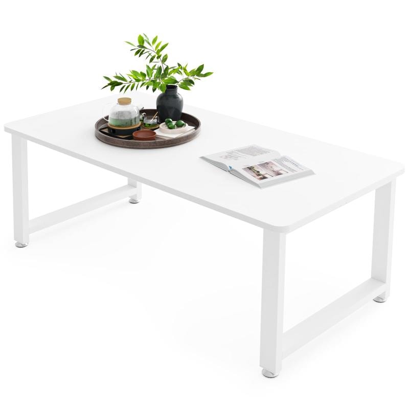 DEWEL ローテーブル 幅80×奥行40×高さ33cm センターテーブル 机 コーヒーテーブル リビング ソファテーブル スチール脚 アジャスター付き 木製 低い 和室 ロータイプ (ホワイト, 幅