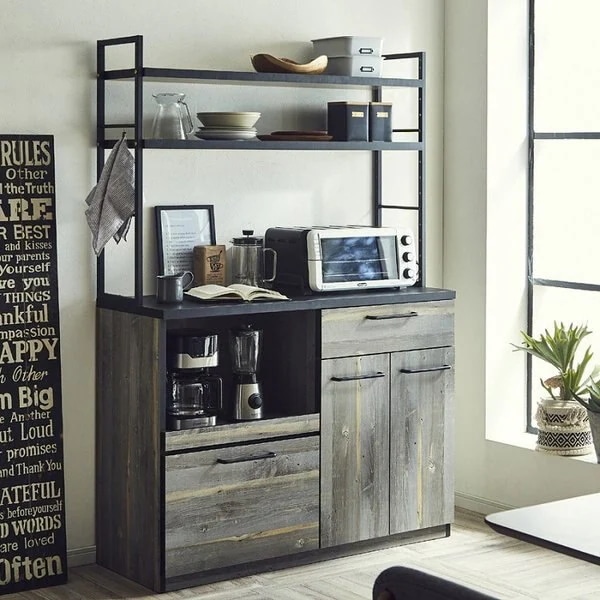 レンジ台 上部棚タイプ 幅120 食器棚 アンティーク 古木柄 カップボード アイアンフレーム 国産