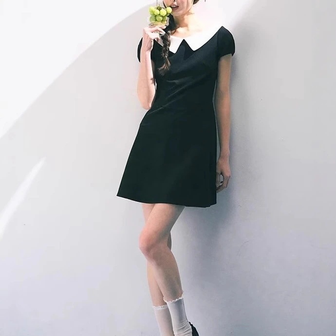 3日出荷 ワンピース夏 ブラック ベビーカラー Aライン デザイン ウエストマーク シルエット美しい 春服 レディース