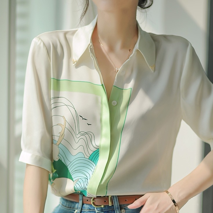 アートプリントシャツ カジュアルシフォンシャツ 長袖シフォンシャツ 上品カジュアルシフォンシャツ トップス シャツ 白シャツ 白トップス 袖あり 長袖 Vネック 襟付き スリム ストレート Iライン