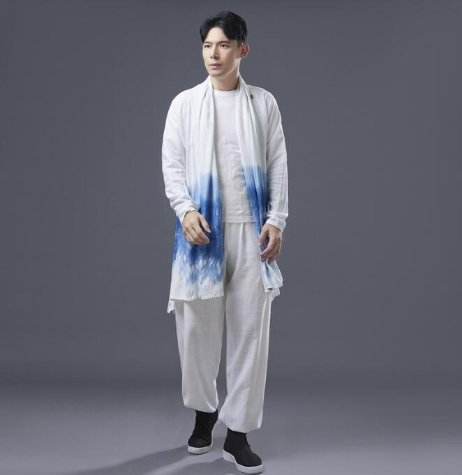 メンズ 亜麻シャツ チャイナ服 唐装 民族風 グラデーション シャツ ハンドメイド タイダイ柄 男性 チャイナ服 武術服 中国伝統衣装 カンフーウェア コスチューム ゆったり