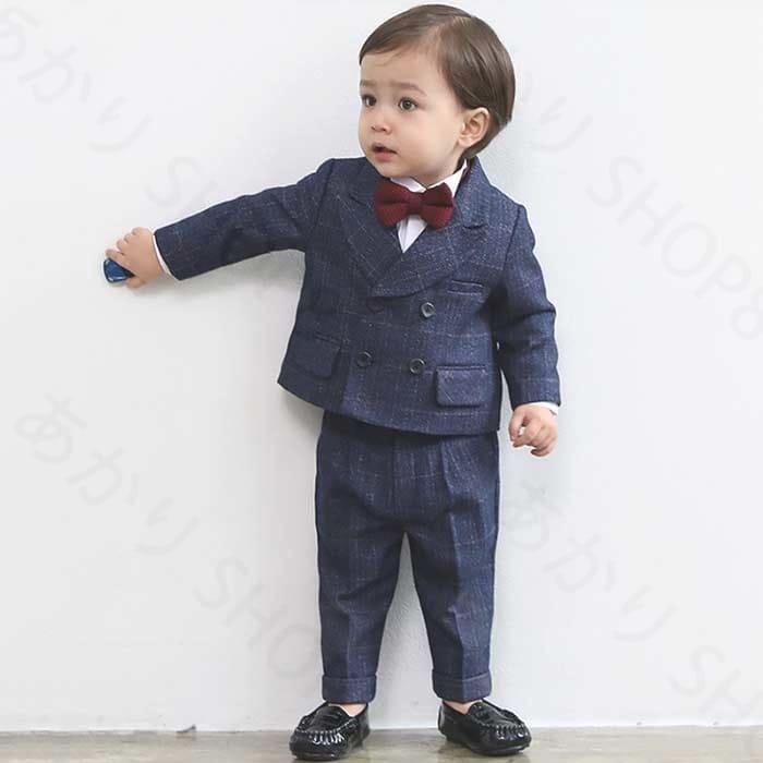 大人気 男の子 子供スーツ 七五三 キッズ ベビー スーツ ダブルスーツ ジャケット チェック フォーマル 子供服 3点セット ネイビー発表会 入学式 入園式 こども フォーマルスーツ キッズスーツ