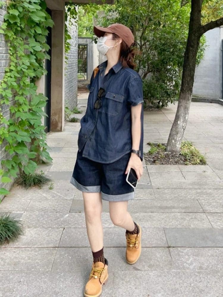 2025夏 デニム セットアップ 韓国スタイル ゆったり レディース 夏服 半袖 ショットパンツ 二点セット夏 着痩せ ウェア 韓国ファッション ホームウェア 2025福袋