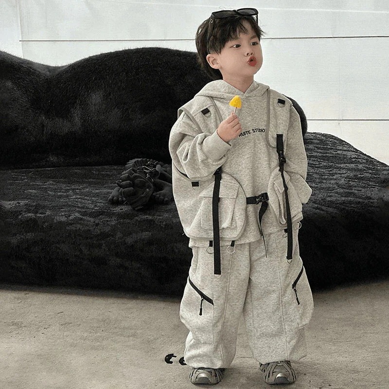 キッズセット 韓国ファッション ベストパーカースウェットパンツ 3点セット 新作 カジュアル 子供 上下セット 男の子 フード付きスウェット セットアップ