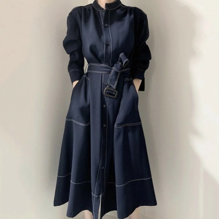 2020年 秋冬 2color バンドカラー ステッチ デザイン シャツ フレア ワンピース ウエスト マーク ステッチライン きれいめカジュアル きれいめコーデ シャツワンピース ミモレ丈 深めスリ