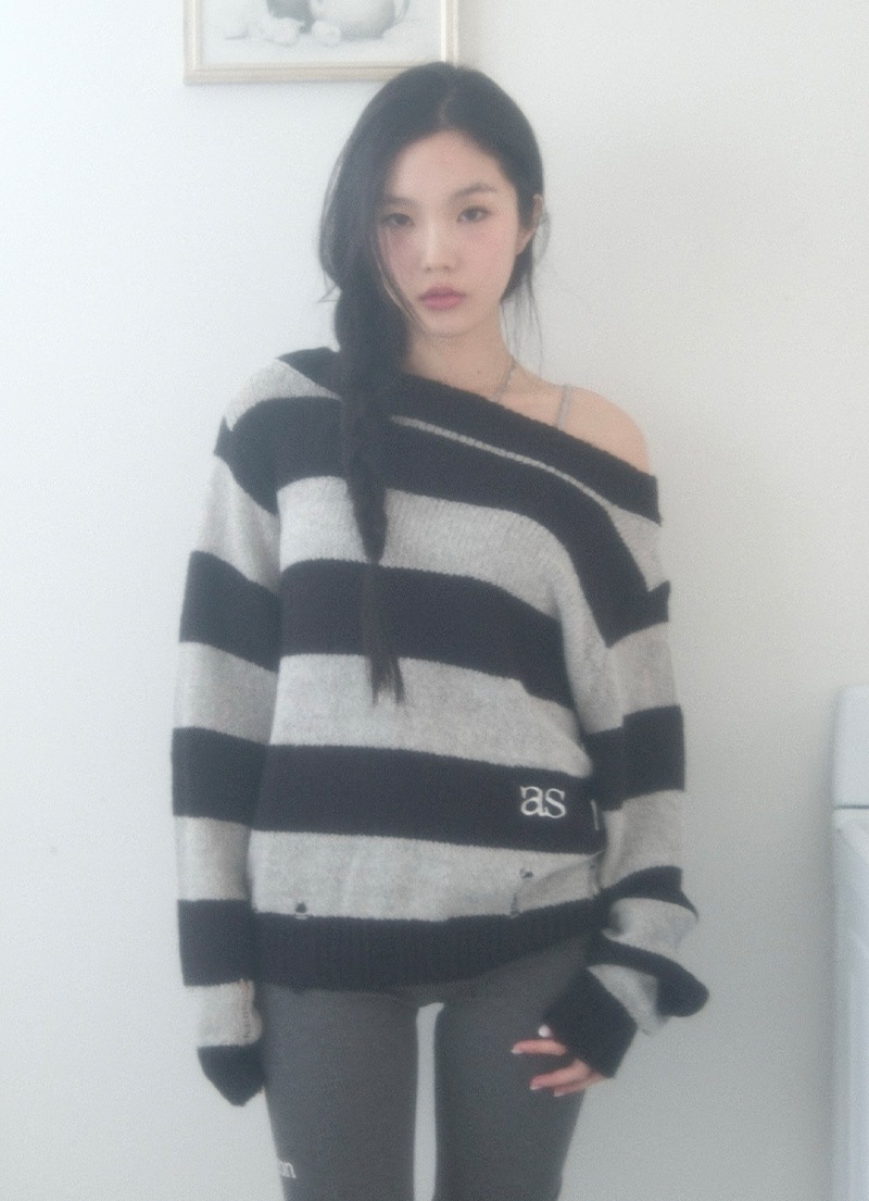 【AS"ON】 SORI OFF STRIPE KNIT / BLACK 正規品