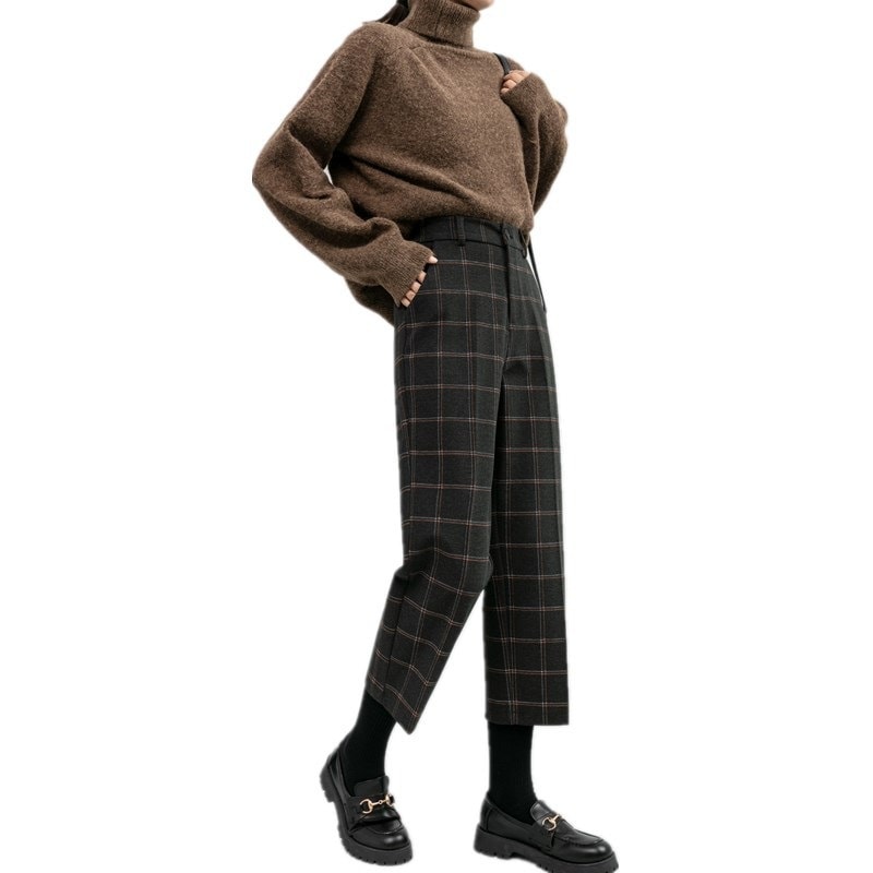 1つ買うと10個無料ラシャ格子はハイウエスト女性ストレート九分ズボンのブーツ厚手スラックスパンツ