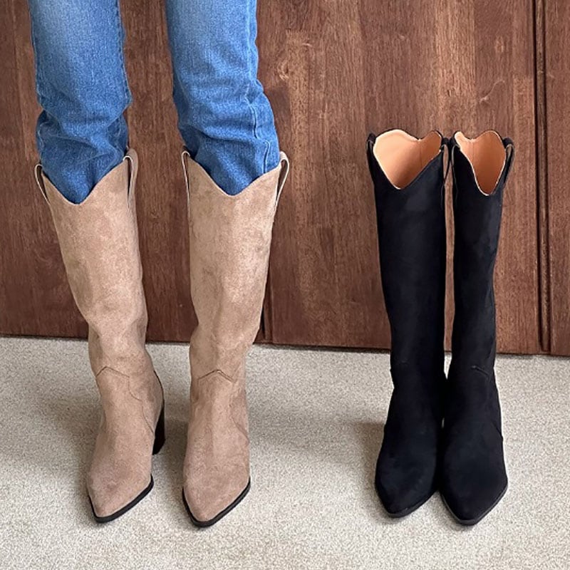 2color シンプル, ベーシックな雰囲気の 無地 スエード素材．フェイクスエード ポインテッドトゥ 6cmヒール ウエスタンブーツ．ロングブーツ