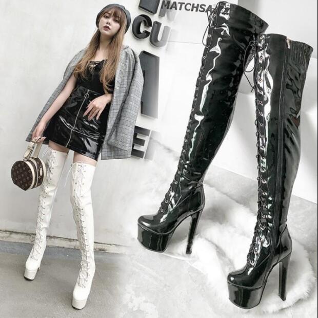 タイムセールレディースブーツ　ニーハイブーツ　厚底ロングブーツ　編み上げブーツ　エナメル　15センチ　ハイヒール　光沢　ロング丈　秋冬　春秋　サイハイブーツ　大きいサイズ　28cmまで　小さいサイズ
