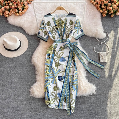 ワンピース ミモレ ミモレ丈 不規則丈 袖あり 半袖 ラウンドネック リボン ウエストマーク ウエストリボン 薄手 かわいい 大人可愛い 大人 上品 おしゃれ お洒落 かっこいい レトロ エレガント