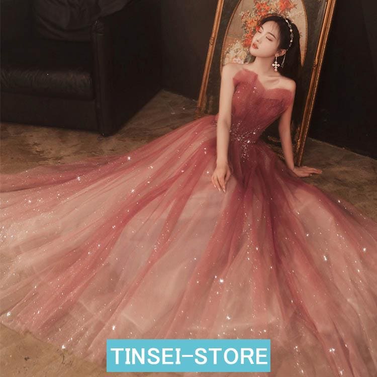 【急速出荷!】イブニングドレス ワイン赤 ゲストドレス 結婚式ドレス 二次会ドレス ワインレッド グラデーション ロングドレス スパンコール キラキラ キレイめ ビスチェ