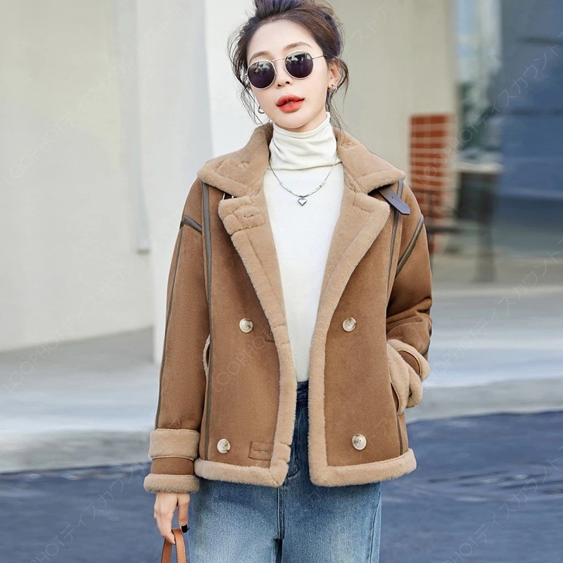 スエードのラム毛コートレディースショート2024冬新作ゆったり毛皮一体ジャケット-52