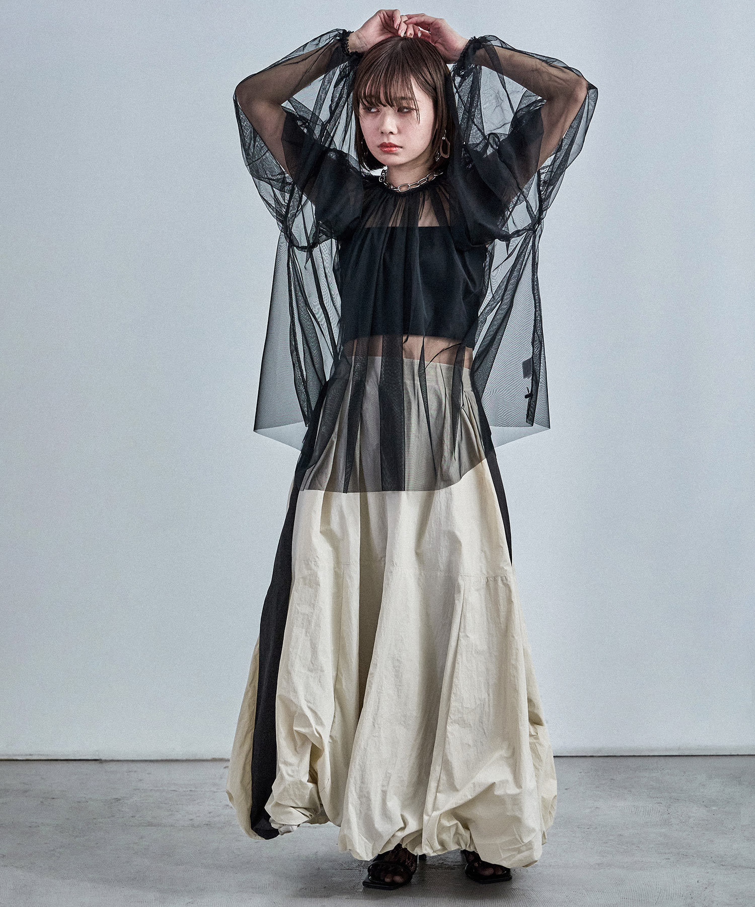 サイドライン バルーンロングスカート バルーンスカート スカート マキシ丈 大きめ ウエストゴム ゆったり 韓国ファッション ライン ナイロンスカート ボトム