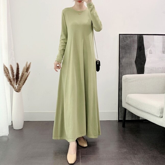 8color レディース ワンピース ロングワンピース 長そで 長袖 ラウンドネック ロング丈