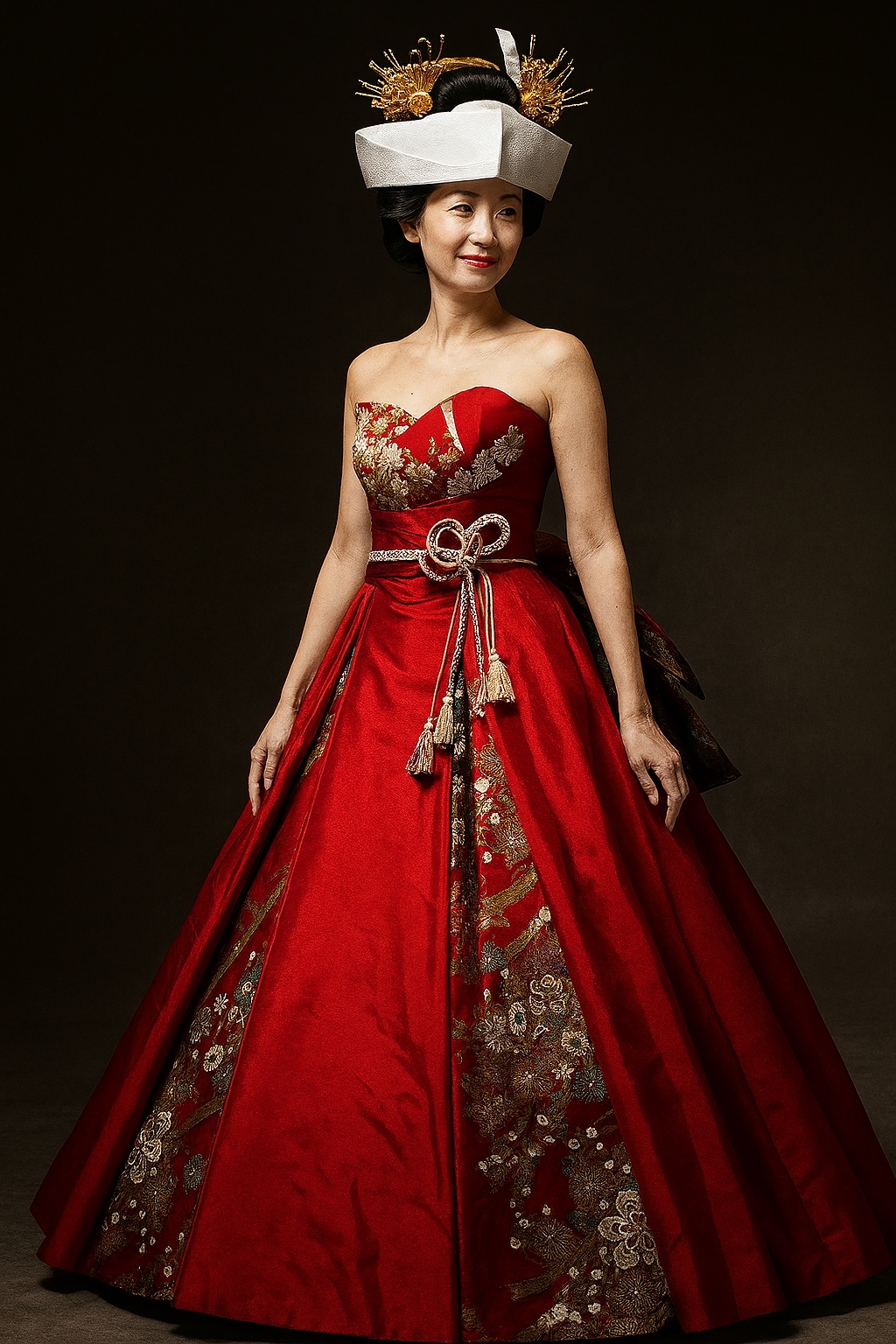 着物ドレス和ドレス 赤 プリント模様 サッシュベルト ビスチェドレス 結婚式