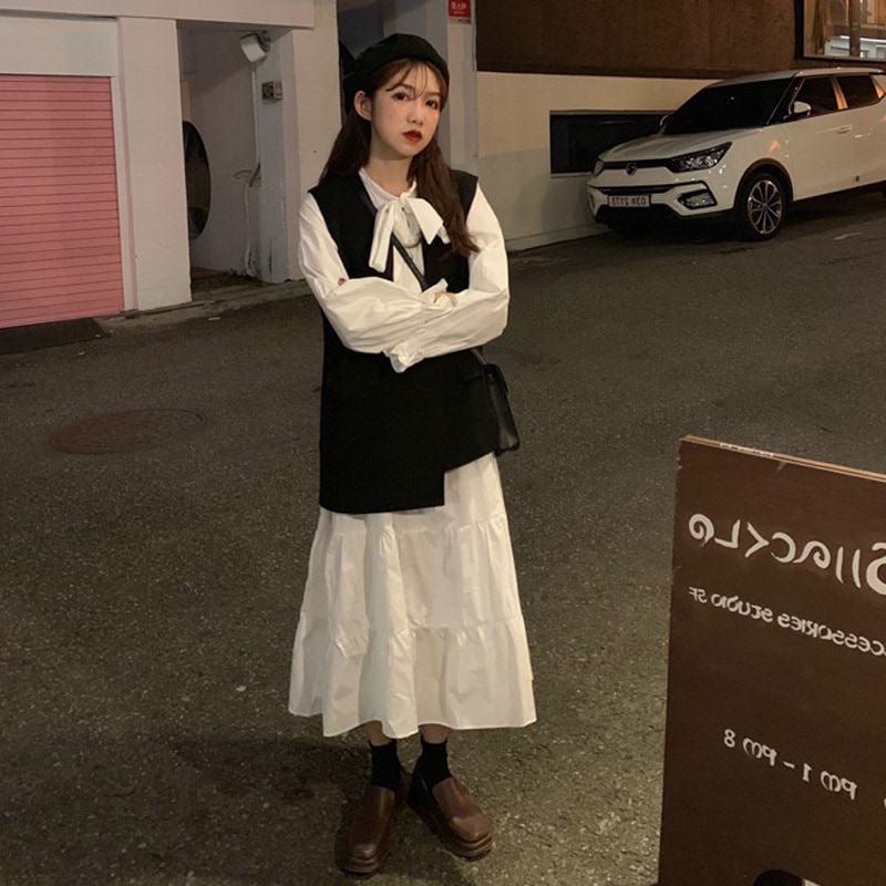 ティアードワンピース ベスト セットアップ ベスト フレアワンピース ミモレ ミモレ丈 袖あり 長袖 フレア Aライン リボン 前開き ポリエステル 上下セット 2点セット ツーピース かわいい