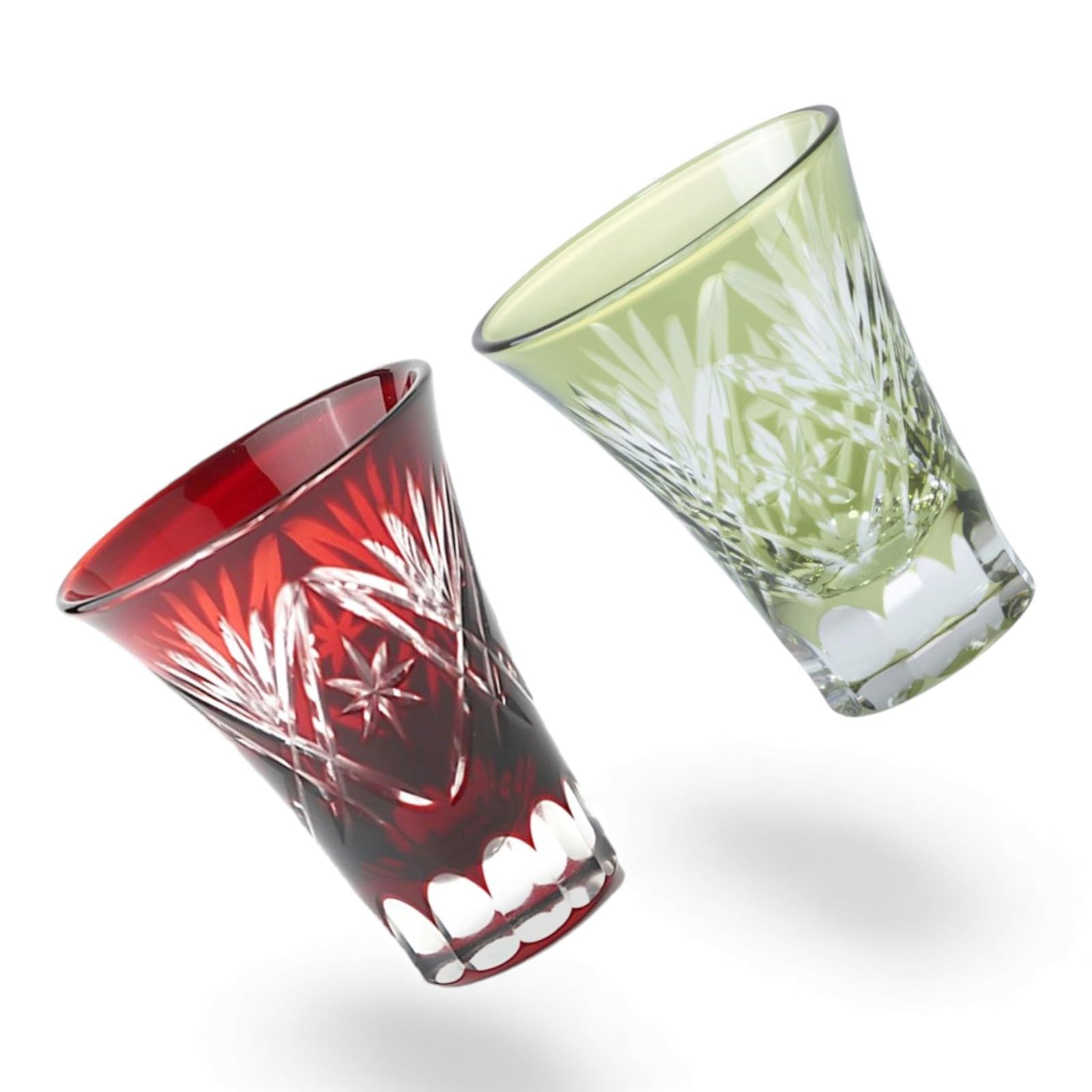 匠美風 ディナー ラグゼ 切子 ペア グラス カップ 冷酒 盃 径6.2×7.8cm 60cc 星扇 レッド & グリーン 煌雅 PNO.332562