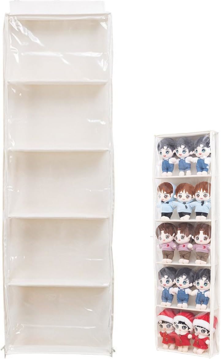 ぬいぐるみ 収納 壁掛け ウォールポケット 透明 収納ケース 吊り下げ ディスプレイ(オフホワイト, 5段)