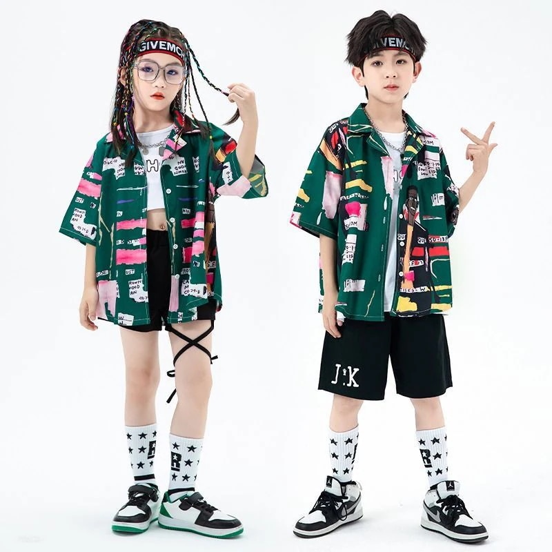 【94% 好評価】児童街舞潮服夏男児ヒップホップシャツセット香港風ショー服装少年ヒップホップコスチューム