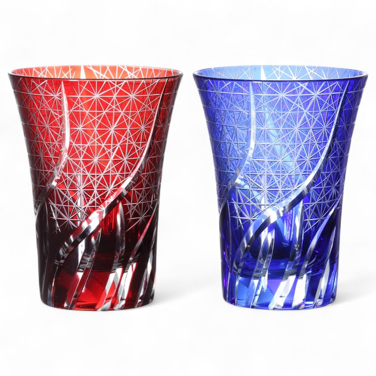 J-kitchens 水影 切子 ペア グラス カップ Φ8.4×11cm 230cc 乱彫小紋 レッド & ブルー 美匠 Current Model