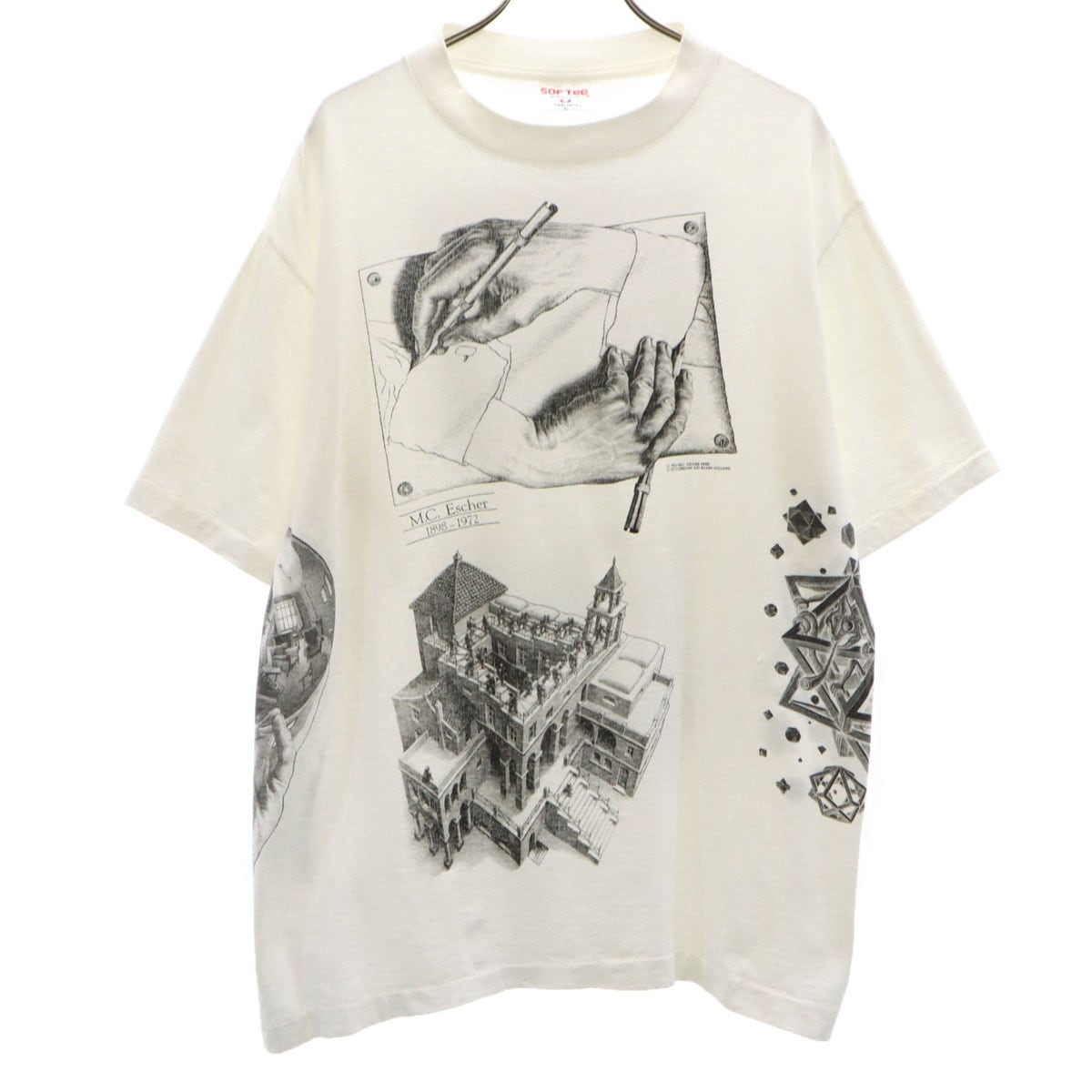SOF Tee 90s USA製 オールド MC エッシャー アート 半袖 Tシャツ L ホワイト シングルステッチ マルチ メンズ 古着