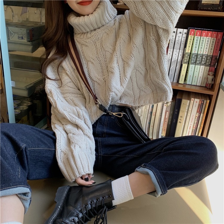 ４色 トップス ニット セーター レディース 秋冬 春 かわいい カジュアル ゆったり 厚手 長袖 ショート丈 長袖 ボリューム袖 ラウンドネック ワイド ケーブルニット レッド オレンジ グレー 大