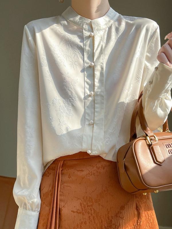 トップス シャツ レディース カジュアル おしゃれ スタンドカラー パールボタンシャツ アセテート サテン ジャカード シック